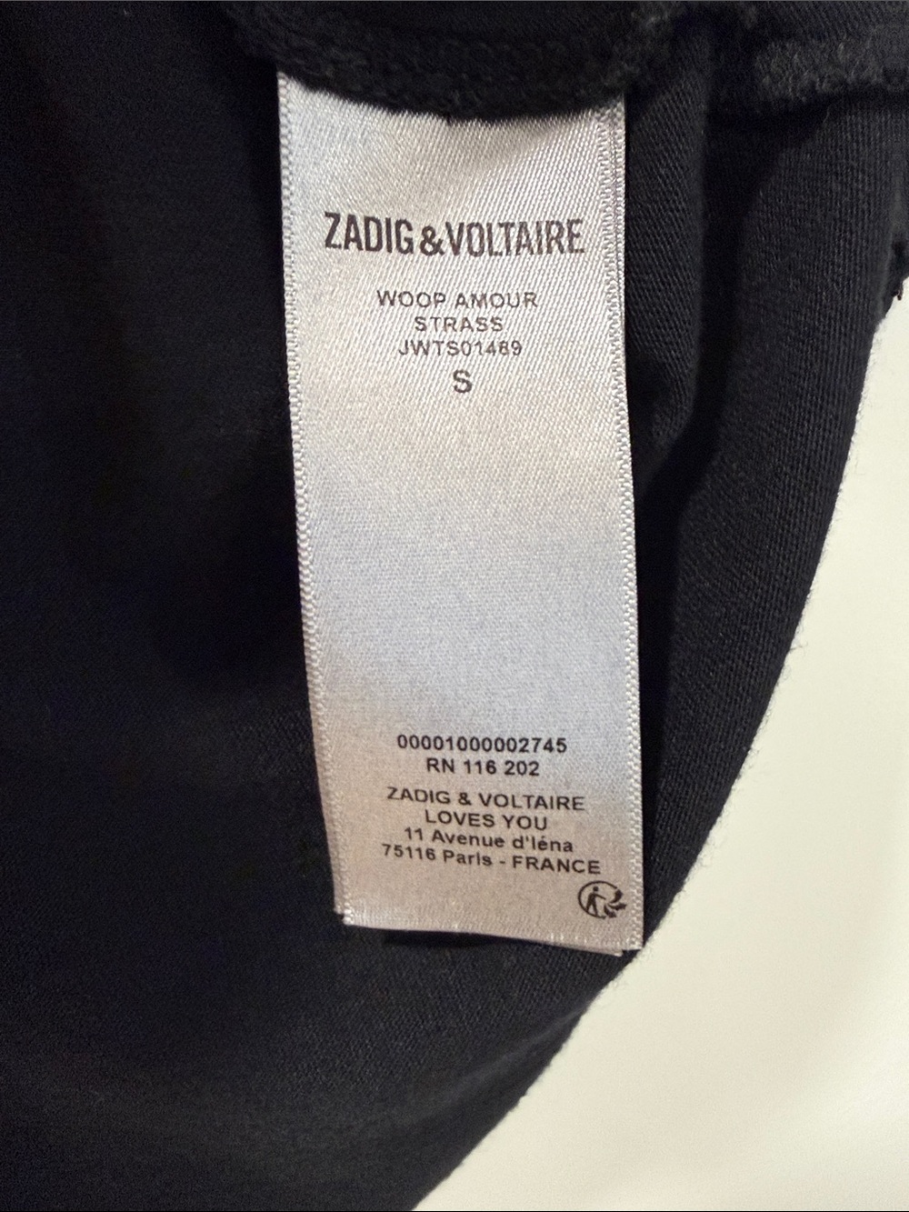 Zadig & Voltaire Black Tee with Silver Rhinestone AMOUR Size Small - Picture 3 of 4